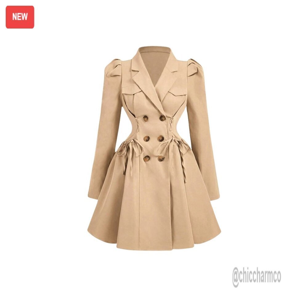Double Breasted Trench Coat with Puff Sleeves, Lapel Neck, Fitted Waist